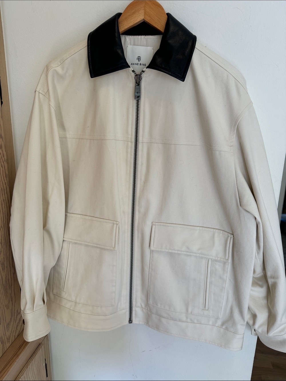 Anine Bing Holden Cream Utility Jacket with Black Leather Collar
